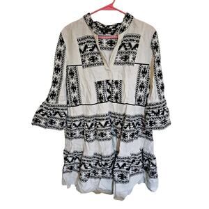 MSK Linen Blend Tunic Dress Size L Black White Boho Geometric Aztec Size Large